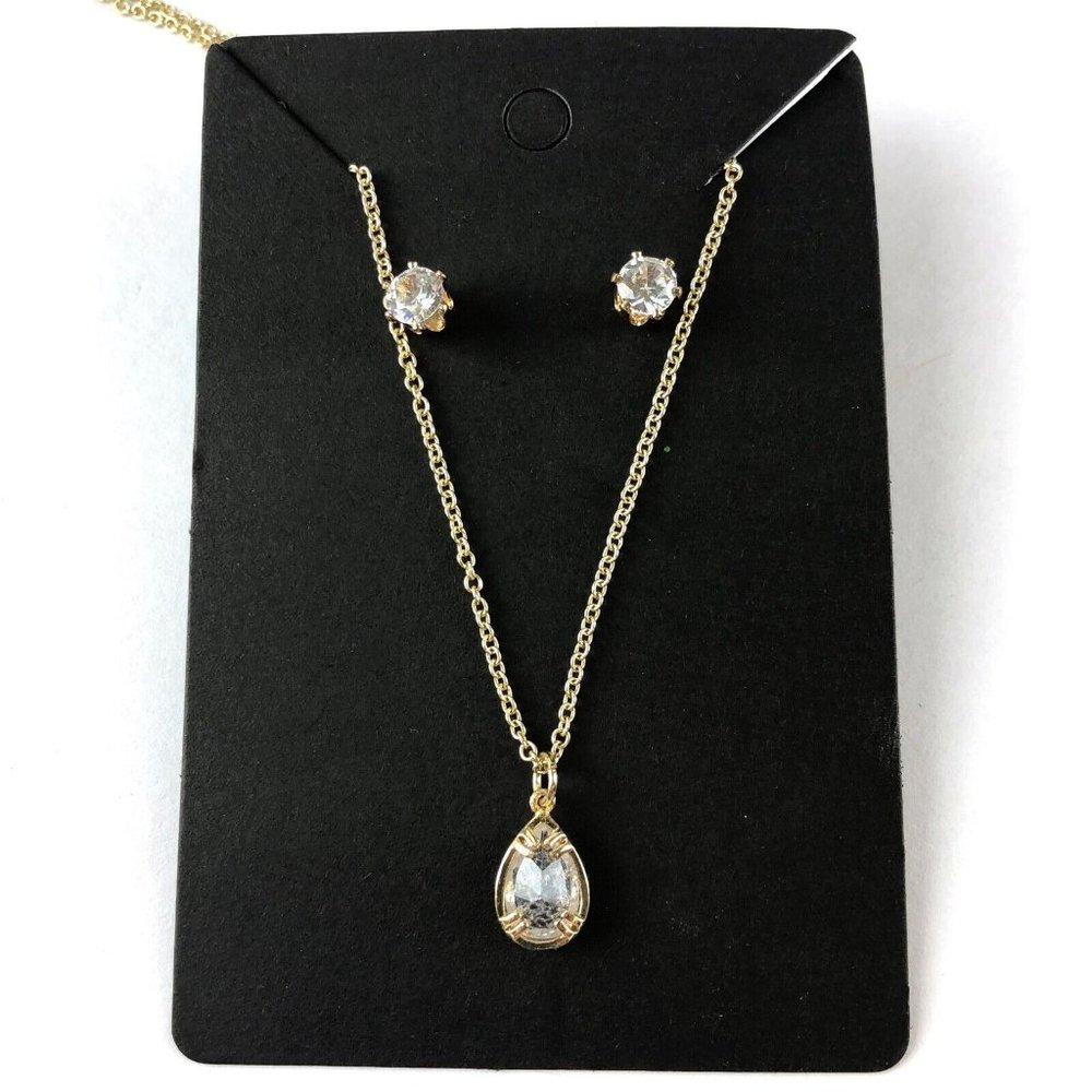 LC Lauren Conrad Gold Tone Necklace Earrings Set Cubic Zirconia Pendant & Studs